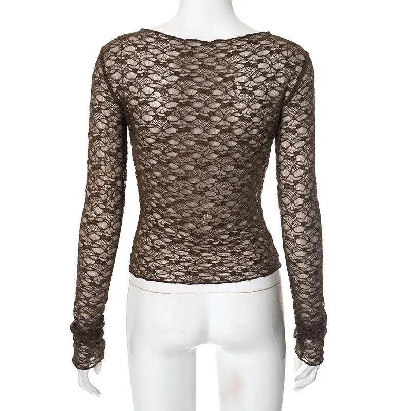 A brown lace long sleeve crop top for women aesthetic clothes featuring a fitted sheer design and ruched cuffs.