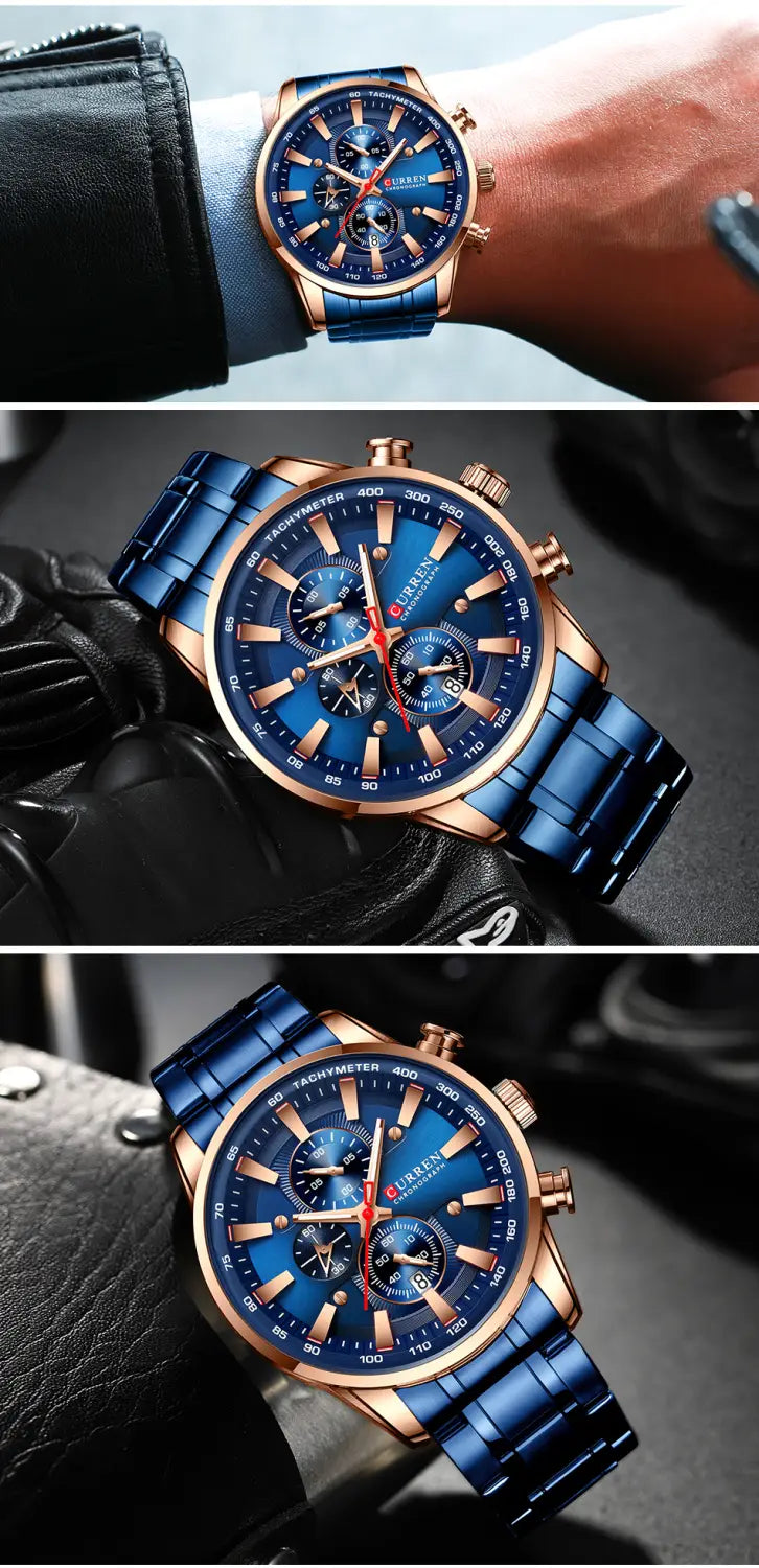 Blue and rose gold Curren mens chronograph stainless steel watch with a metallic bracelet