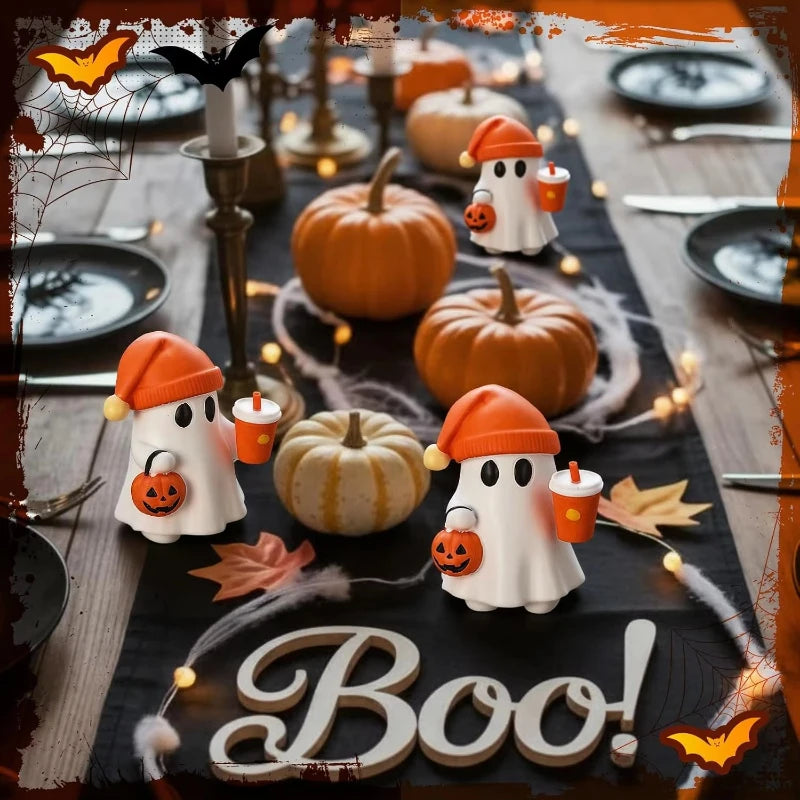Halloween Ghost Statue Cute Resin Figurine Pumpkin Bucket Orange Drink Cup Tabletop Home Office Gift Decor