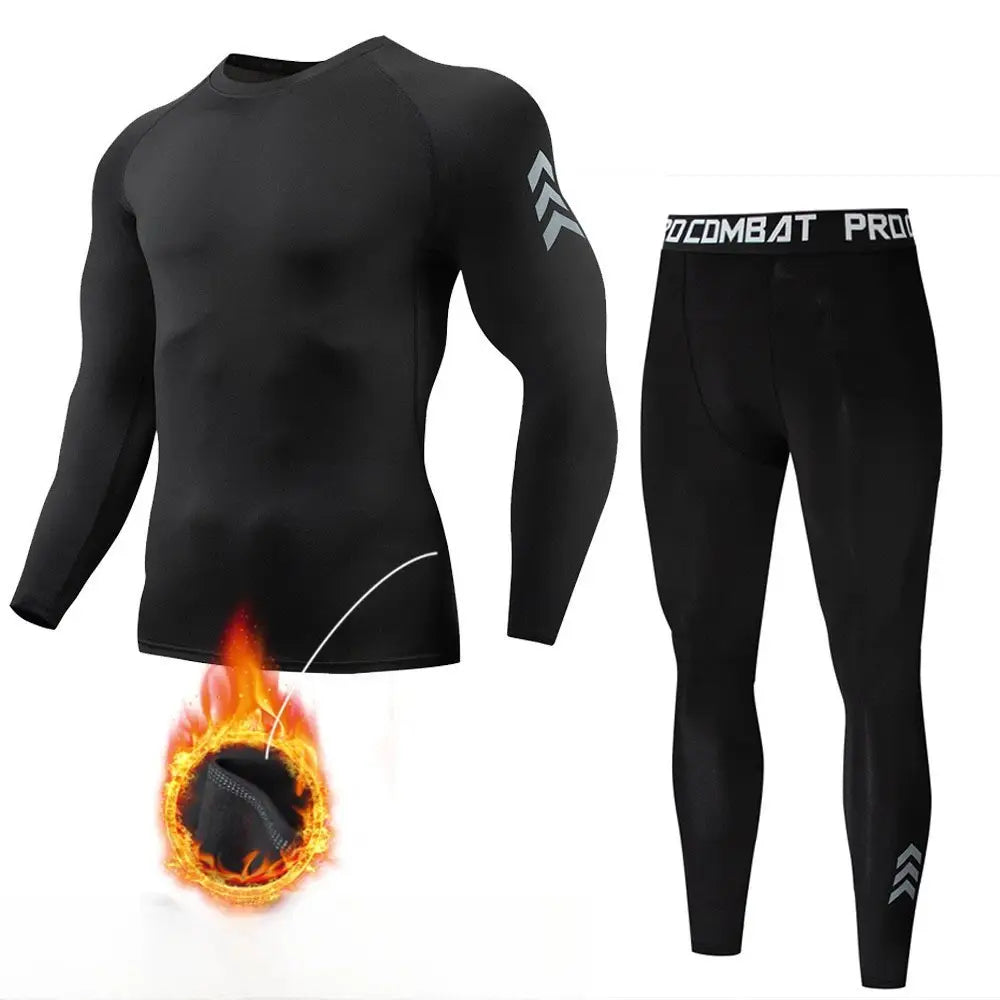 Conjunto de ropa interior térmica para hombres, negro, con parte superior de compresión de manga larga con forro de lana polar y leggings a juego con acentos de logotipo gris, con un gráfico de llama que indica propiedades de aislamiento térmico y secado rápido