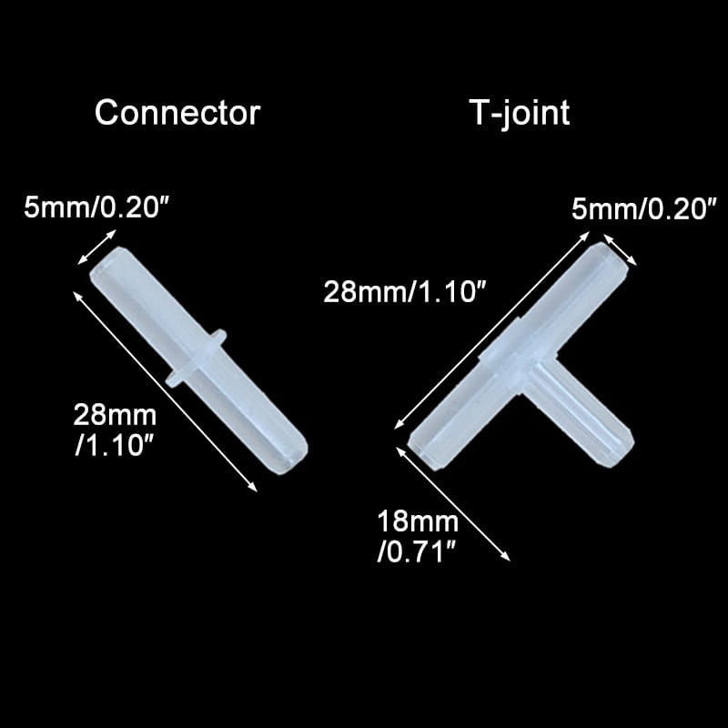 Translucent plastic connector and t-joint fittings for air tube fish tank accessories kit including air stone and check valves.