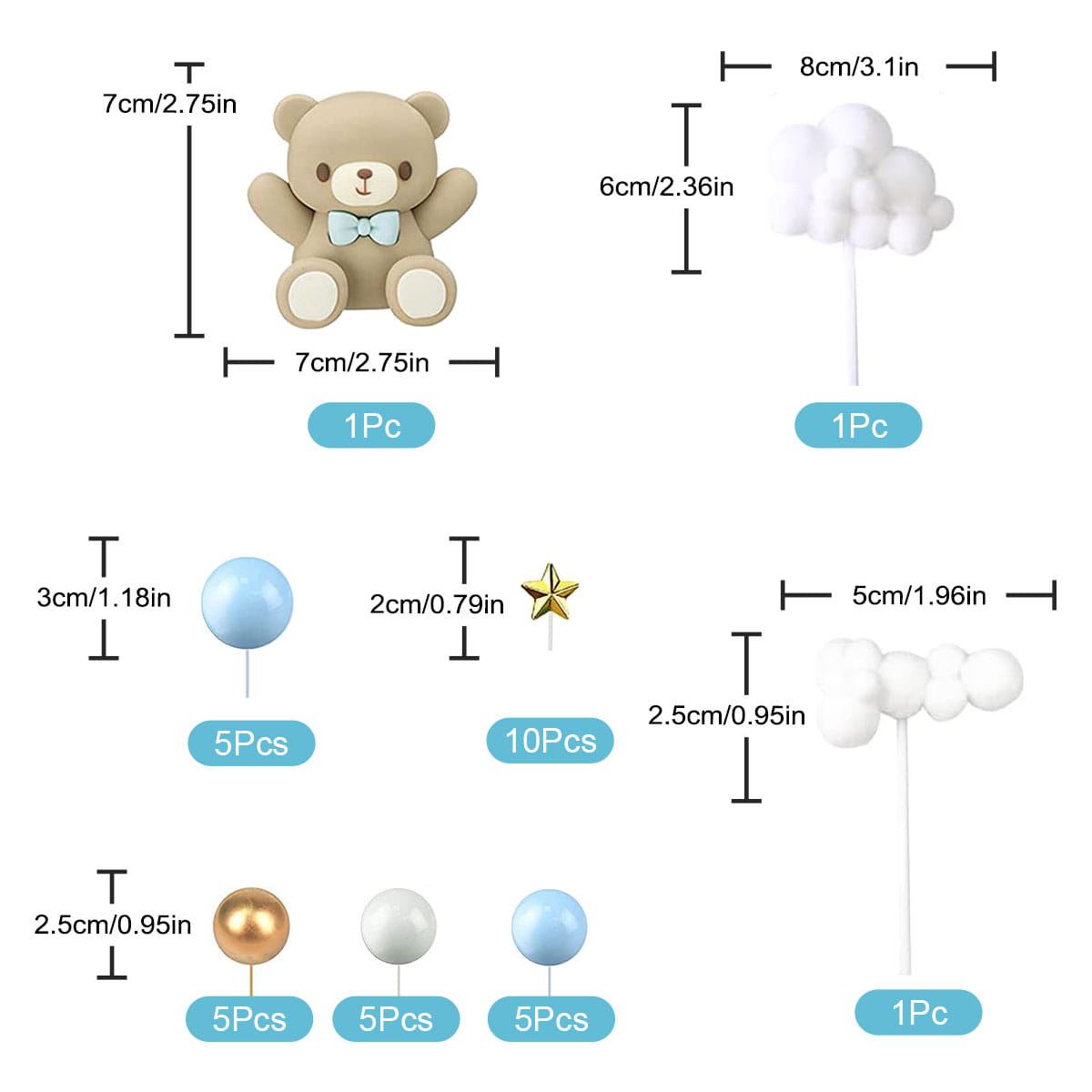 Beiger Teddybär-Tortenaufsatz mit einer hellblauen Fliege aus Fondant für Babyshower-Deko im Set mit Bären-Tortenaufsatz.