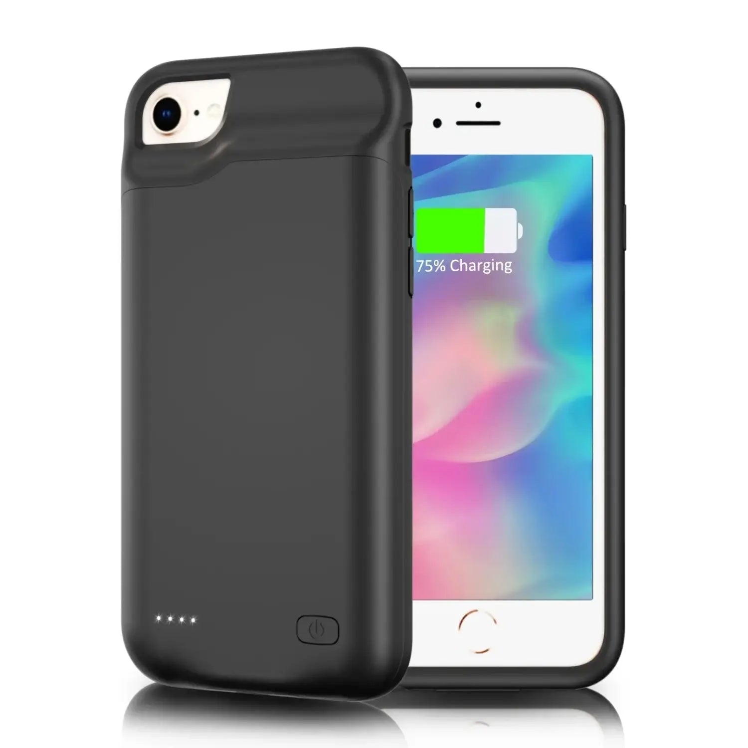 Funda negra del cargador de batería para iPhone 6, 7, 8 y SE con un acabado mate elegante y un puerto de carga integrado.