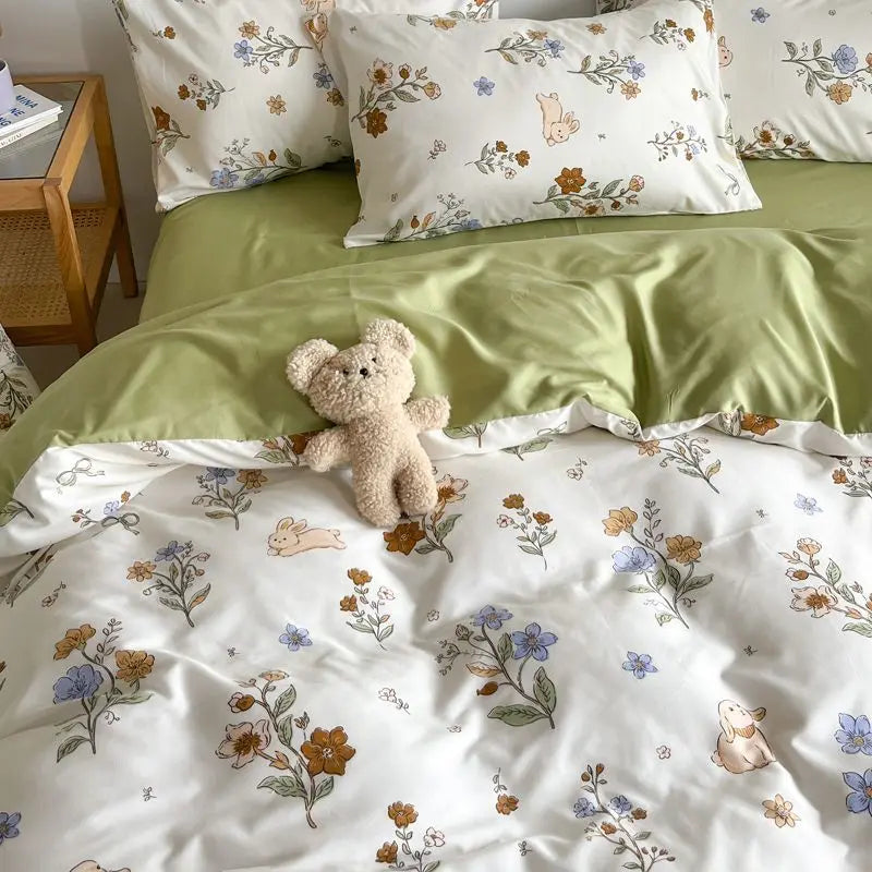 Ins Style Pink Flower Printed Bedding Set Soft Skin-friendly Duvet Cover Set Reactive Dyeing Bed Linens for Girls Bedroom
