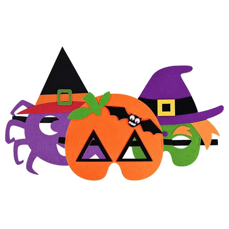 Orange felt halloween pumpkin ghost mask with black triangular eyes green stem and small bat design for pumpkin ghost diy party costume.
