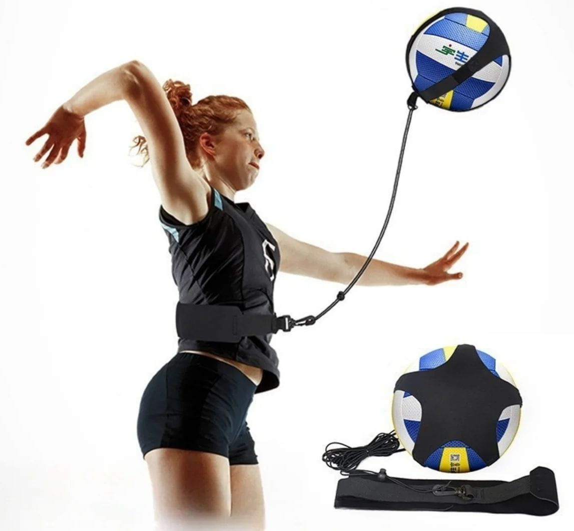 Black solo football training aid with adjustable waist belt and elastic cord featuring a standard blue and white volleyball attached at the end.