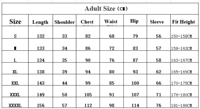 Tabla de tallas para adultos que muestra medidas en centímetros para las tallas de la S a la XXXXL del disfraz de malla tipo body con telaraña geométrica.
