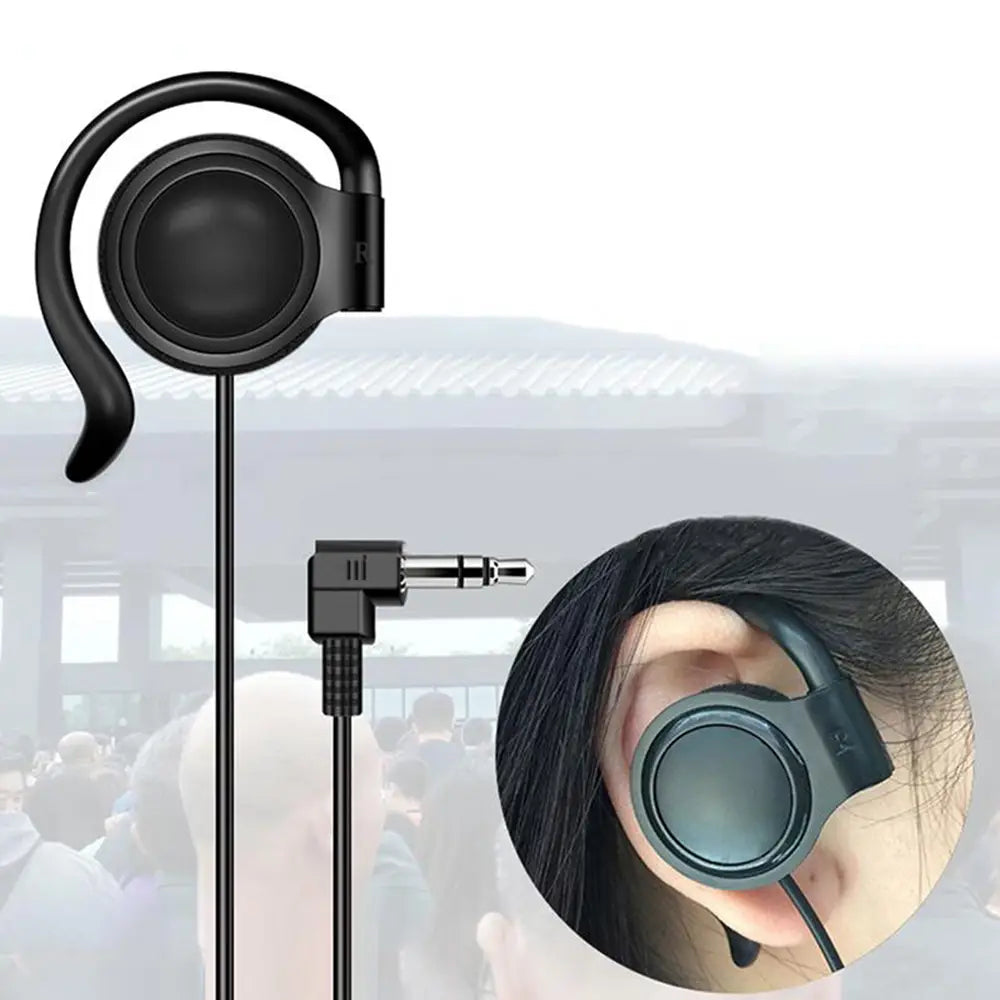 Black single ear hook 3.5mm wired headphone with matte finish and angled jack designed for secure active wear.