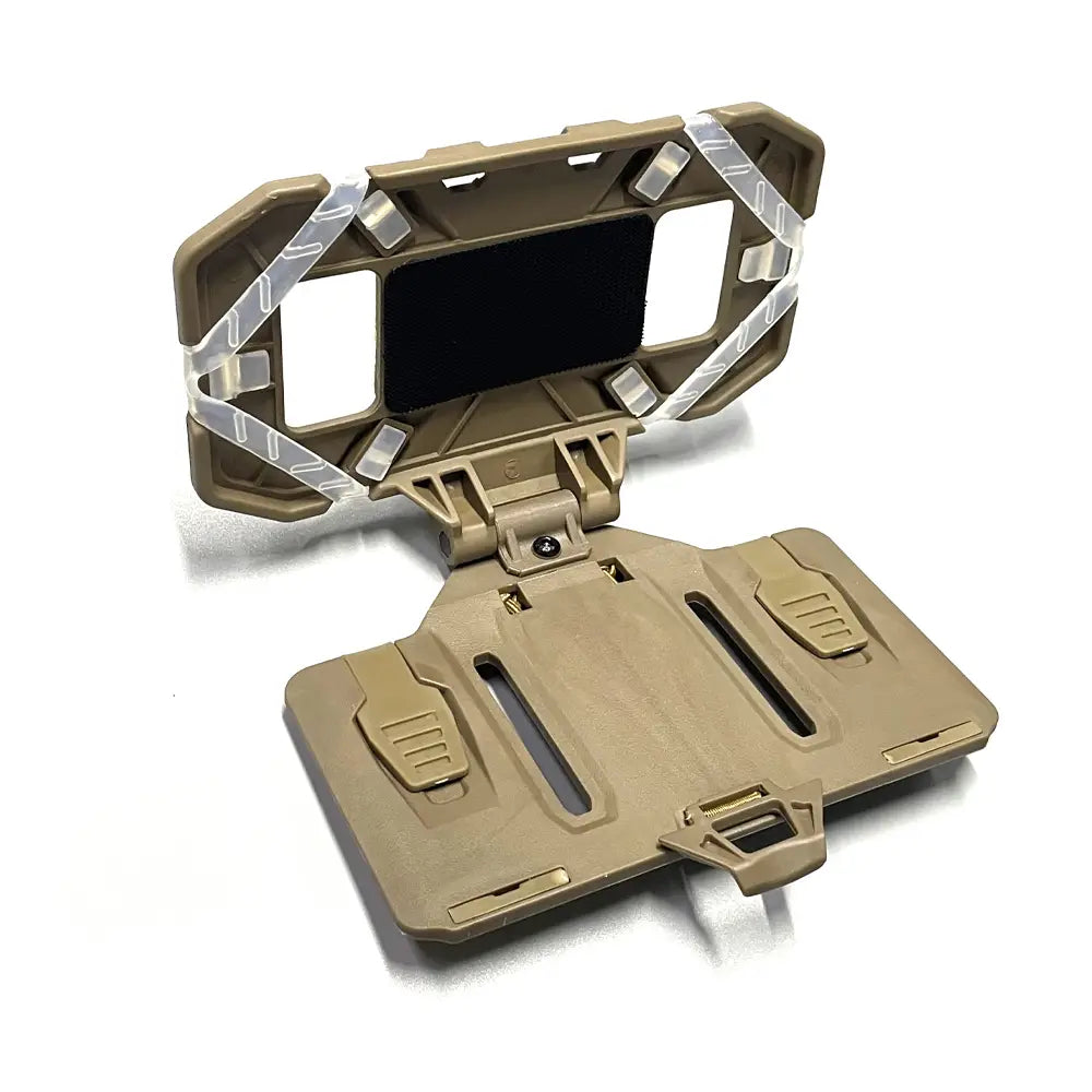 tan tactical phone stand with clear plastic reinforcement strips and hinged design for molle phone navigation board use