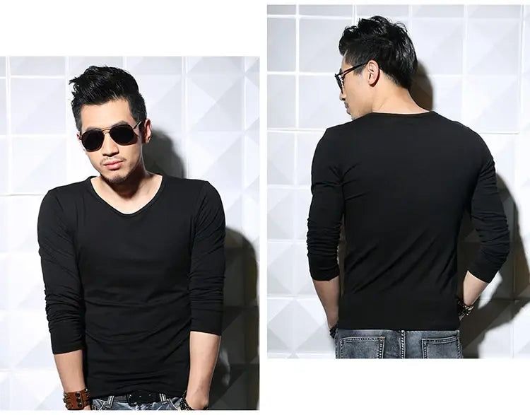 T-shirt homme noir à manches longues et encolure en V, coupe slim, réalisé dans un mélange de coton extensible, adapté aux tenues décontractées et semi-formelles.