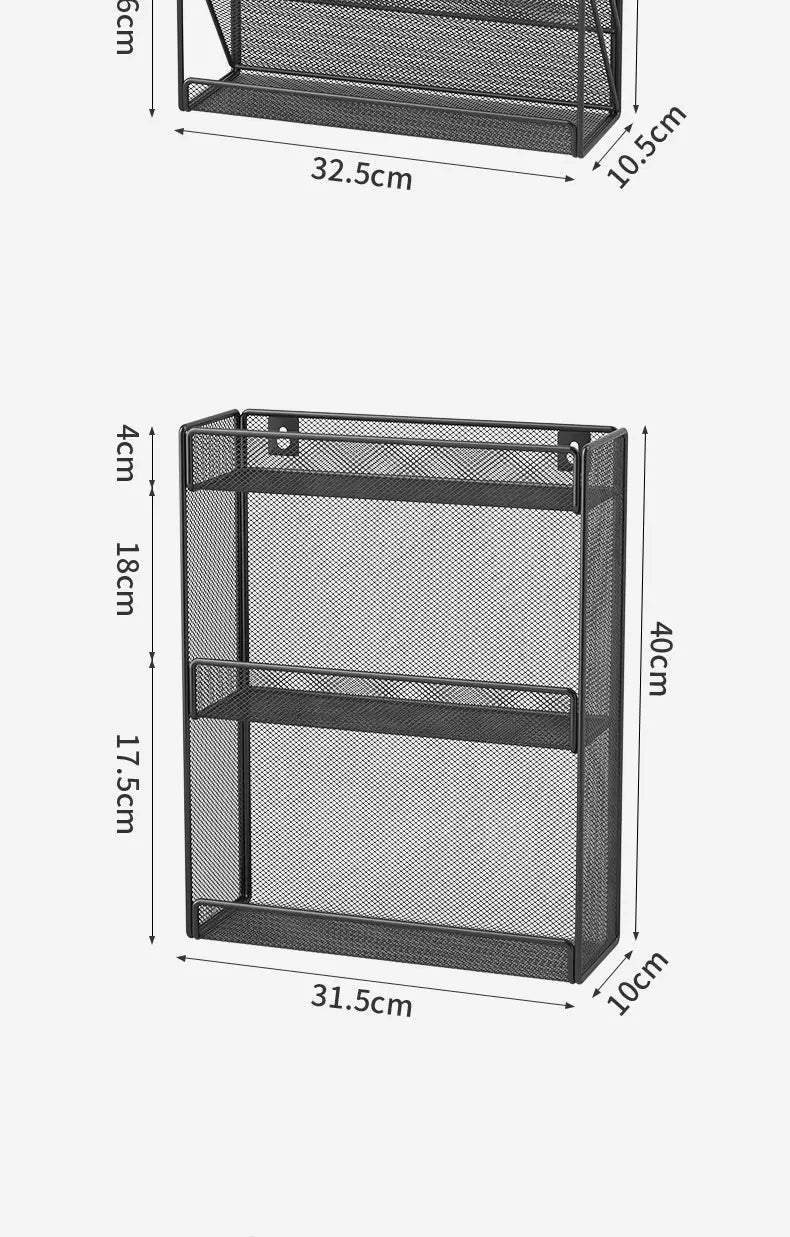 black mesh wall-mounted file organizer with two shelves and metal frame designed for efficient office storage