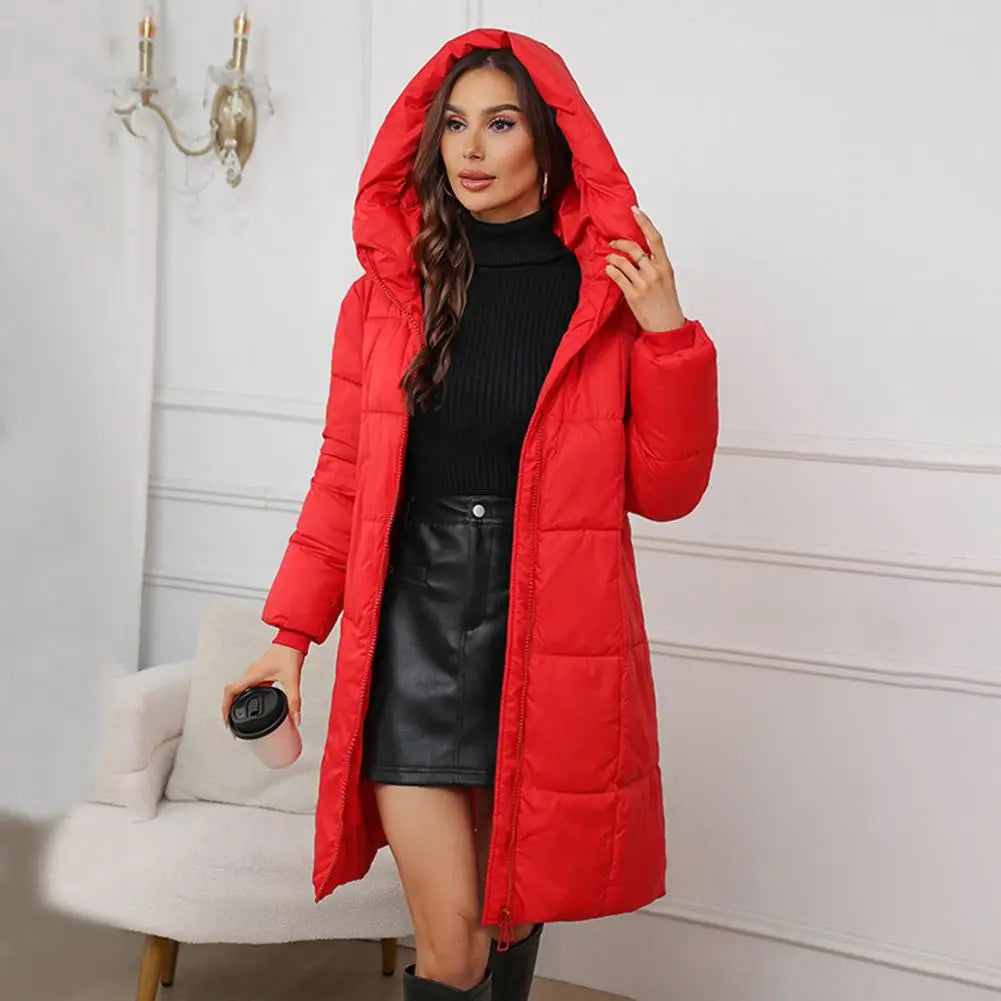 Women Long Hooded Down Jacket Winter Coat Women’s Winter Jacket with Hood Thickened Padded Down Coat Slim Waist Mid-length