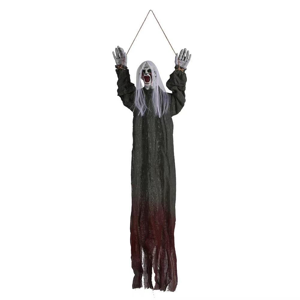 a hanging halloween decoration featuring a ghostly figure with long white hair wearing a dark tattered robe fading to red at the bottom ideal for halloween decorations as a creepy scarecrow prop