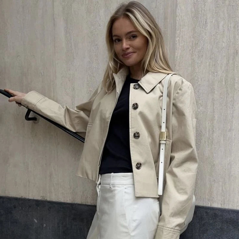 MUJER Women's Trench Coat Cropped Demi-season Jacket for Women Outerwears Short Women's Windbreaker Button Outdoor Coats Ladies
