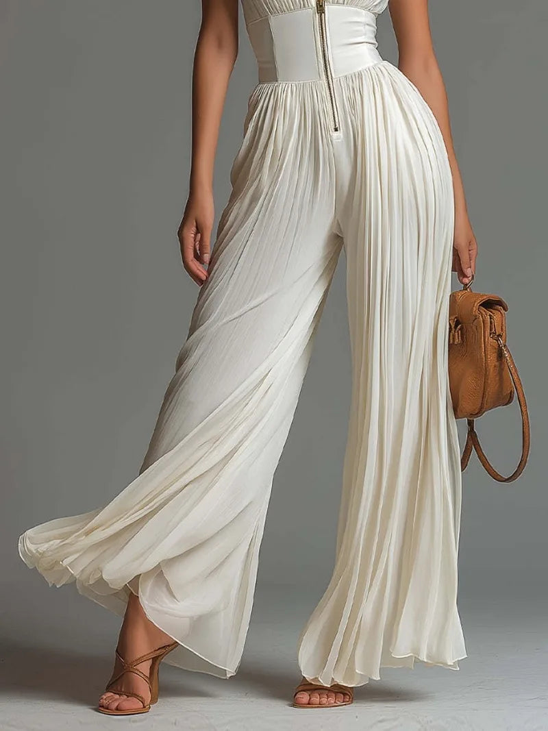 Women Elegant Pleated Chiffon Jumpsuits Sexy Zip-up Stand Collar Sleeveless Corset Slim Wide Leg Pants Casual Overalls Rompers