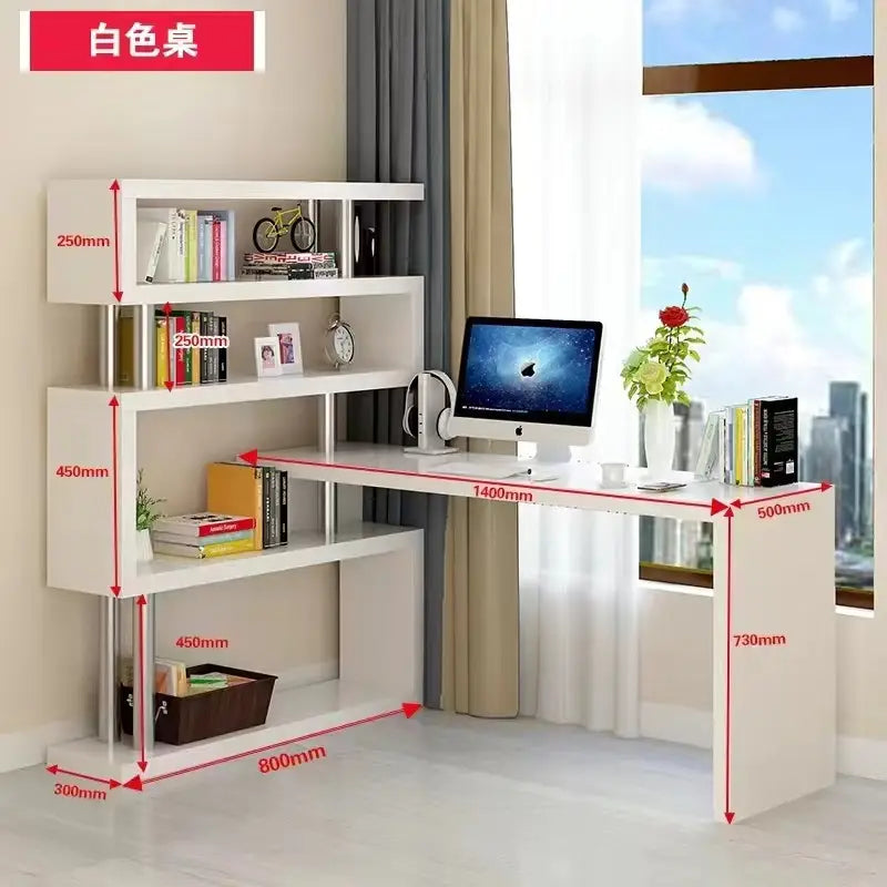white corner desk with integrated shelving units and metal legs shown from the back in a modern l shaped computer desk with bookshelf design.