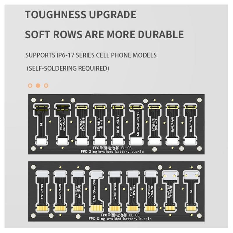 Battery connector fpc tool kit with black single-sided buckles featuring gold-colored connectors and white plastic components designed for iphone 6 to 17 pro max cell phone models.