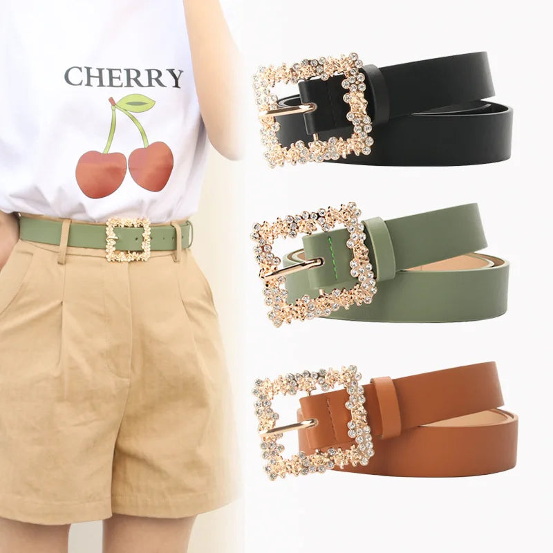 Fashionable Belts for Woman Shiny Rhinestone Beautiful Square Wreath Metal Buckle Solid Color PU Belts
