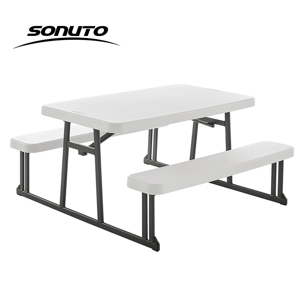 Folding Picnic Table with Benches Set Portable Outdoor Garden Yard BBQ Desk Heavy Duty HDPE Metal Dining Tables for Indoor Study