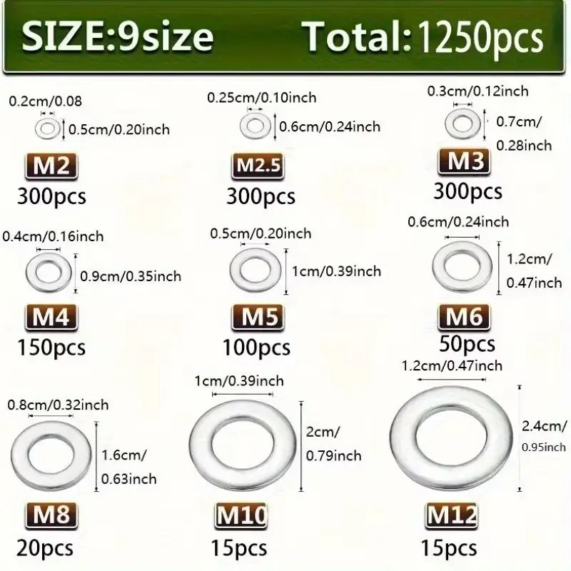 Set of stainless steel flat washers including metal grommets in various sizes and finishes from m2 to m12 in assorted kit of 1250 pieces.