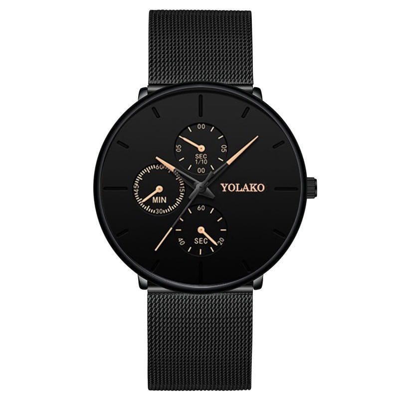 Montre à quartz ultrafine noire Yolako pour hommes, avec une sangle en maille noire et trois sous-cadrans.
