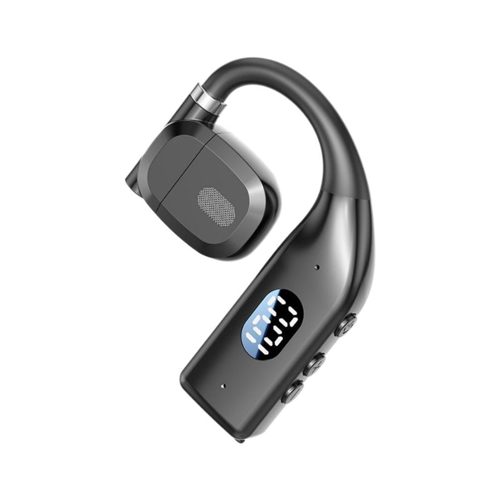 Black Bluetooth 5.4 wireless gaming sports earbud with a sleek curved design and digital display showing the time.