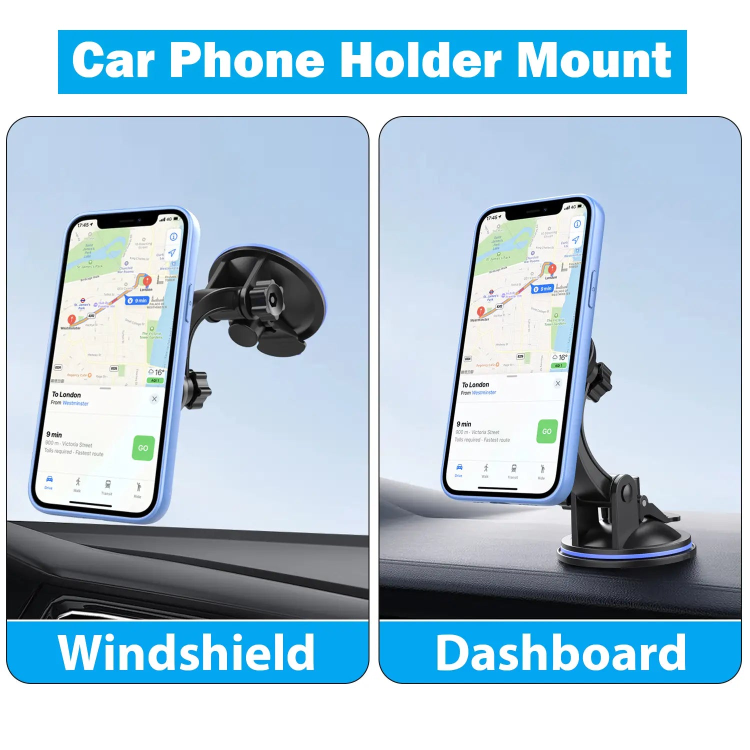 black suction cup car phone mount with adjustable arm and 360 rotation for windshield or dashboard mounting in dashboard holder design