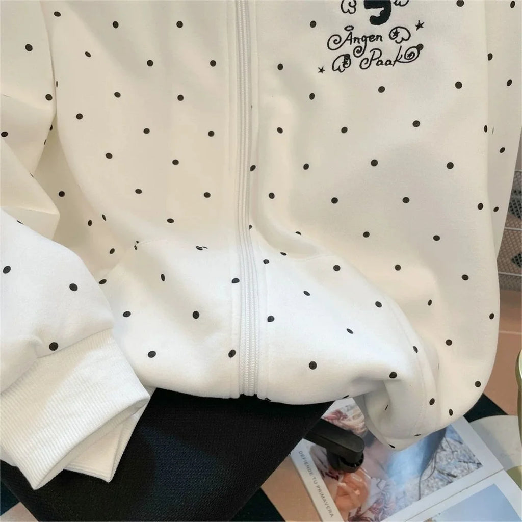 Women Dot Cartoon White Hoodies Spring Cute Long Sleeve Retro Sweatshirt Fall Japan Preppy Style Kawaii Female All Match Tops