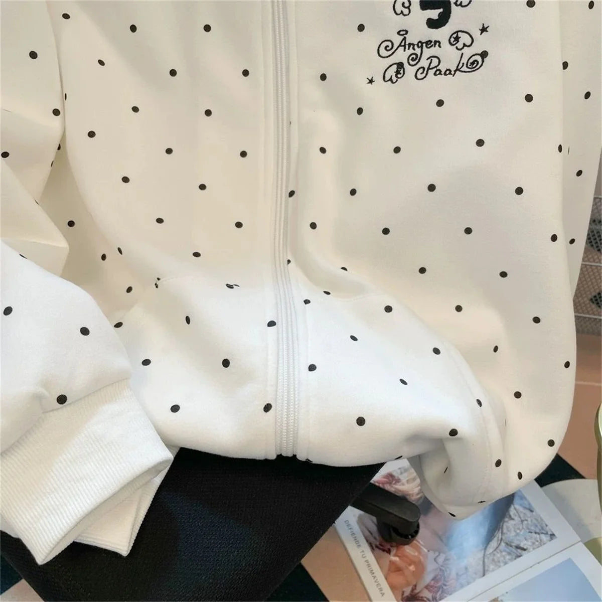 Women Dot Cartoon White Hoodies Spring Cute Long Sleeve Retro Sweatshirt Fall Japan Preppy Style Kawaii Female All Match Tops