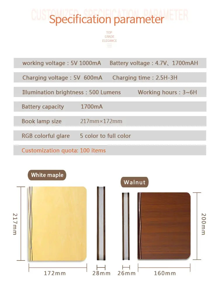 Luz LED plegable con forma de libro con una forma rectangular elegante, acabado liso en madera de arce color blanco y una iluminación RGB personalizable, mostrada desde el frente.