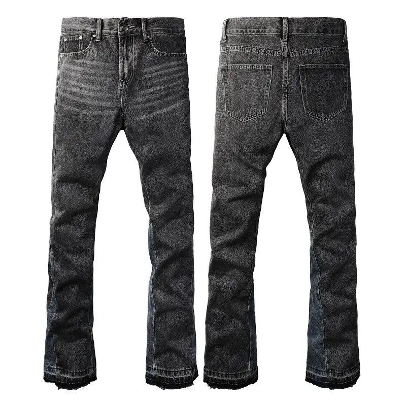 Men flare jeans made of dark gray denim with a faded distressed finish and frayed hems.