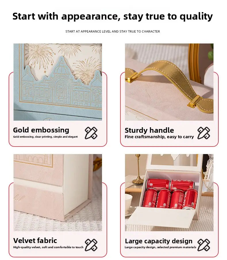 European style wedding gift box candy packaging with gold-embossed velvet fabric and a sturdy gold handle featuring an elegant design.