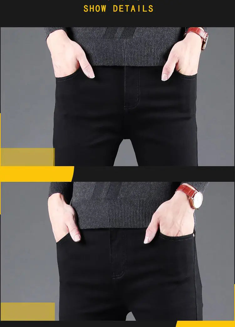 Men black slim fit stretch denim jeans featuring a back view with subtle stitching details on black denim material.