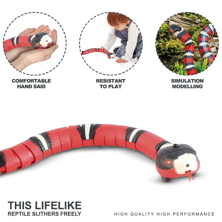 red and black segmented robotic snake with white stripes and detailed head design as an interactive smart sensing pet cat toy suitable for animal toys type and cat toys interactive use