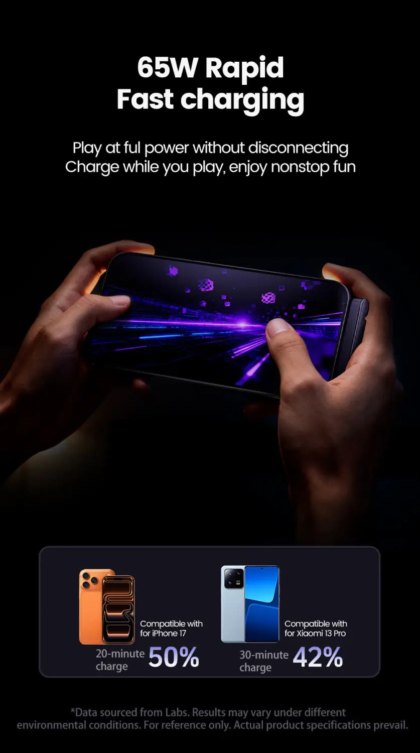 A sleek black smartphone with a vibrant purple glowing screen displaying dynamic game graphics placed on a 65w USB-C fast charging cable and phone holder.