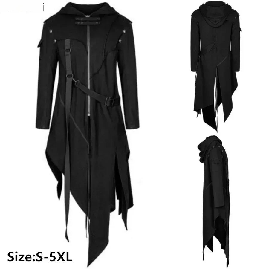 New  Men's Punk Style Irregular Trench Coats Black Gothic Long Hooded Jackets Halloween Man Cosplay Costume Large Size S-5XL