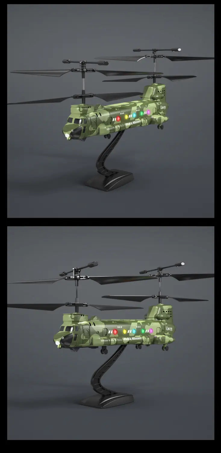 Un helicóptero teledirigido de camuflaje verde con luces LED luminosas y palas de rotor negras, diseñado para fotografía aérea y para el desarrollo de habilidades.