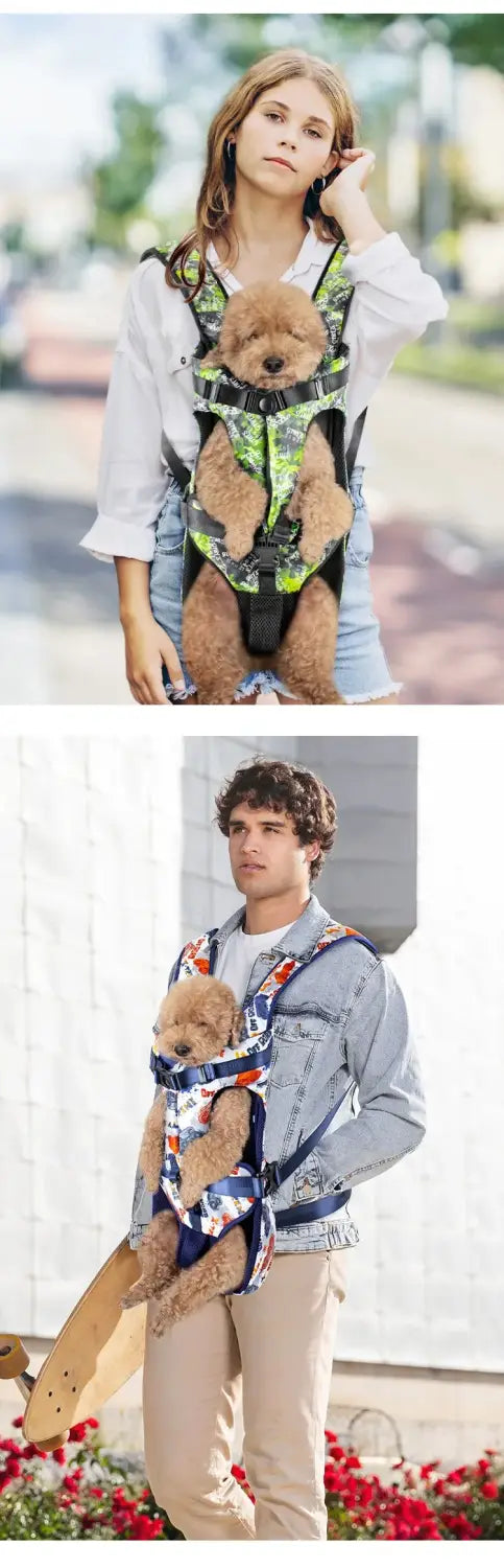 Sac à dos porte-animaux à motif vert et noir avec sangles réglables, conçu comme sac à dos de transport pour petits chiens et chats