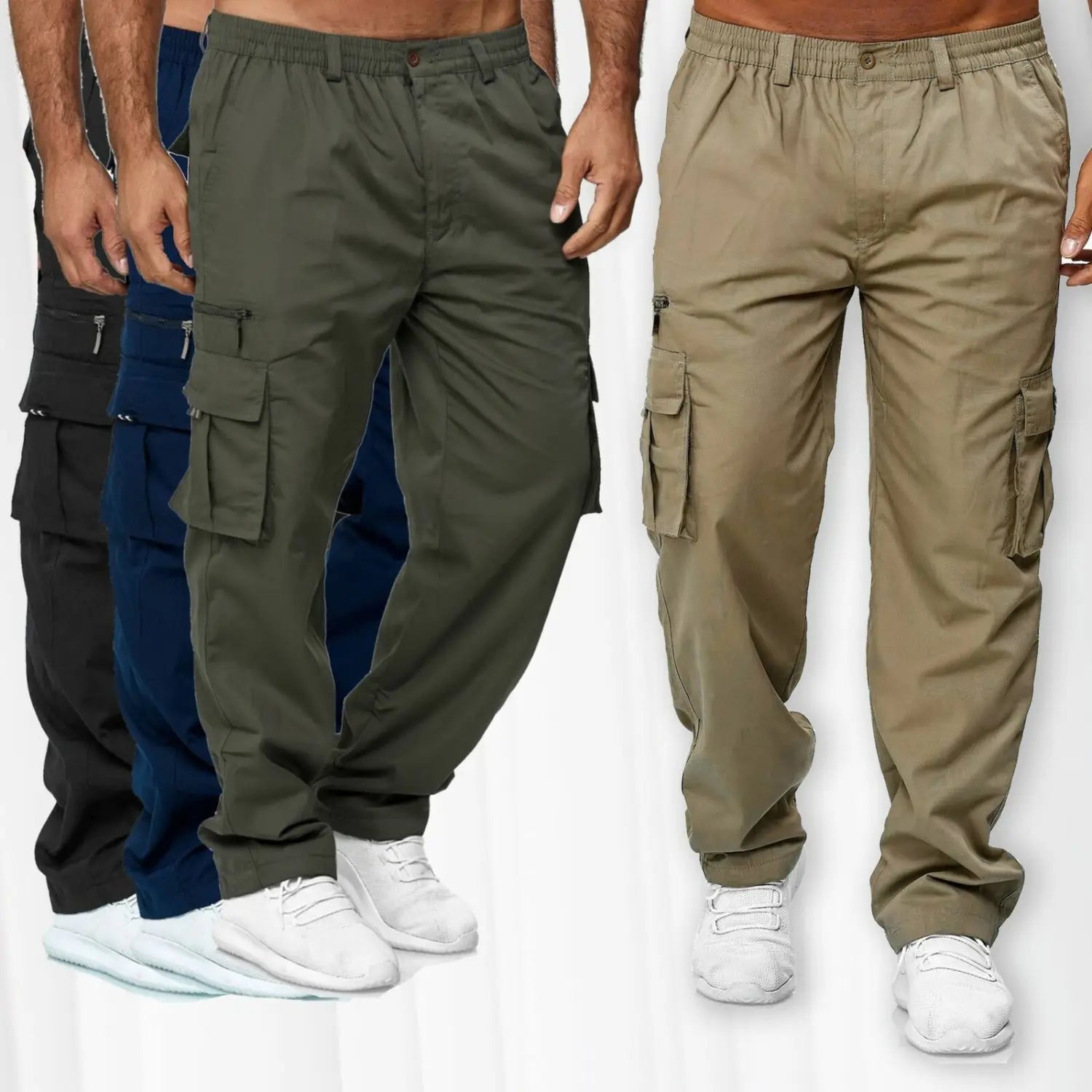 Pantalones cargo casuales holgados para hombre en verde oliva, azul marino y caqui, con múltiples bolsillos y cinturillas elásticas, diseñados para mayor comodidad y utilidad.