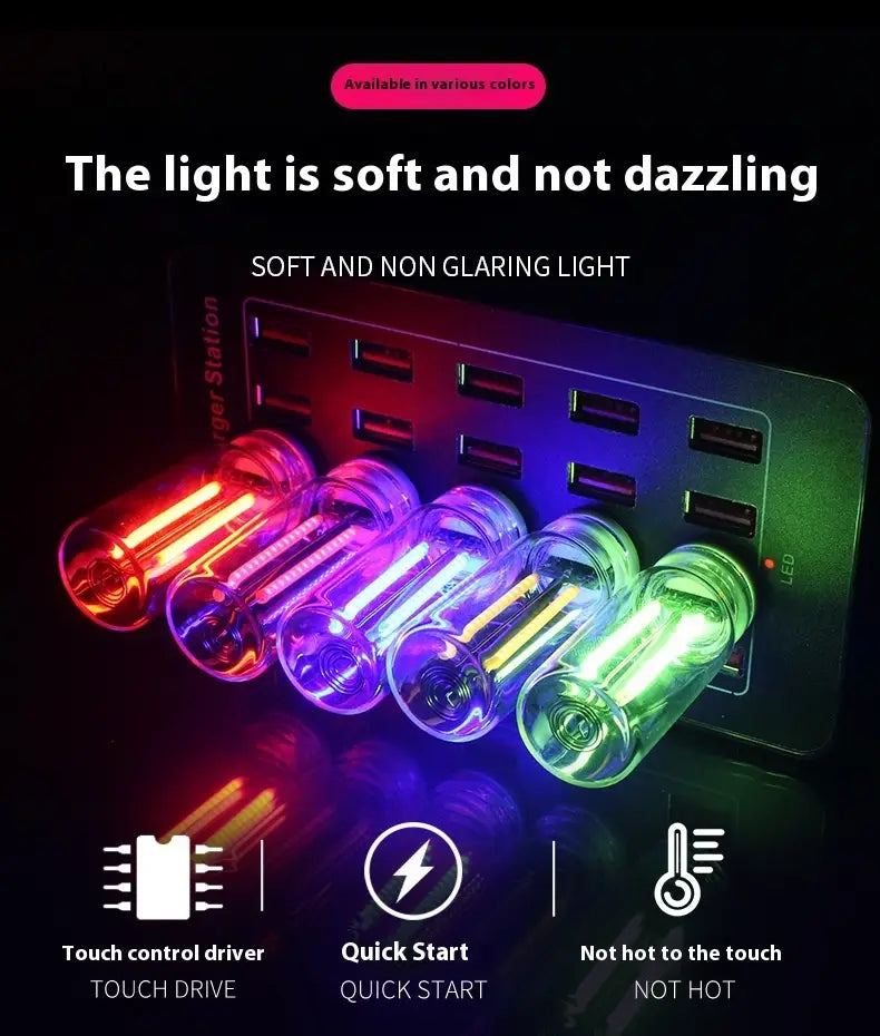 Colorful led light tubes with a translucent cylindrical design featured in a usb night light glass touch color changing atmosphere light.