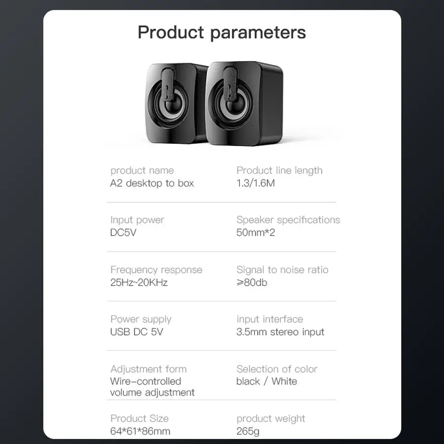 Black a2 desktop usb computer speakers with 50mm drivers and a sleek rectangular design for stereo mini sound systems.