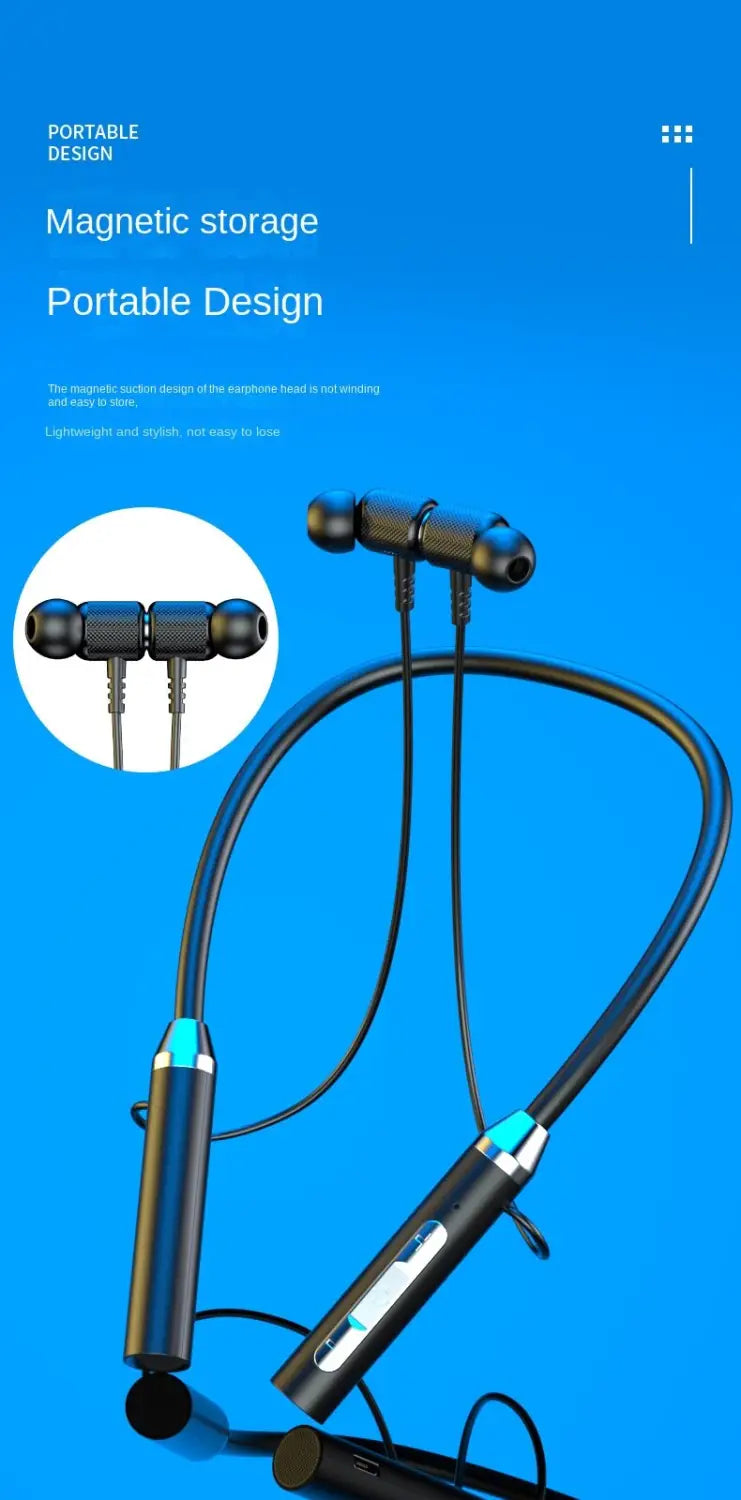 Écouteurs sport sans fil Bluetooth à tour de cou en noir et vert canard avec un design magnétique minimaliste élégant.