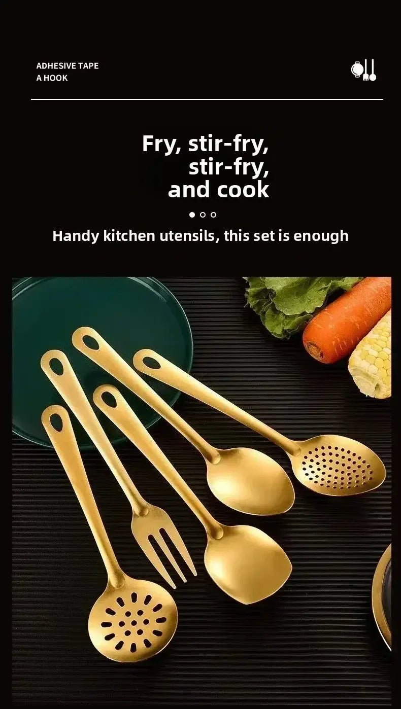 Set of five golden stainless steel kitchen utensils featuring sleek modern design and perforated slotted spoons for cooking.