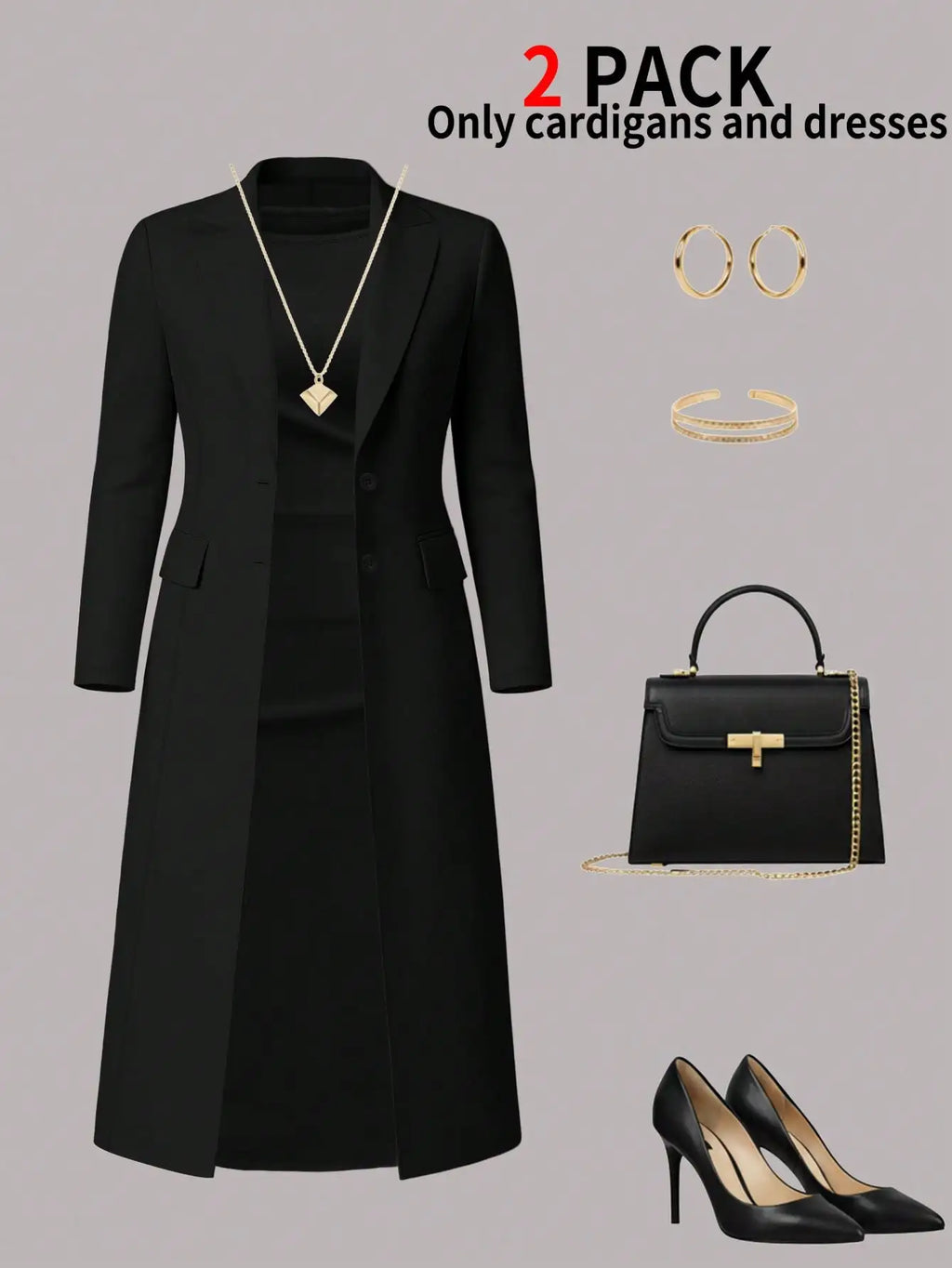 Women's New Autumn and Winter Elegant Set: Solid Color Long-Sleeved Open-Front Blouse, Long Coat + Versatile Fitting Mid-Length Sleeveless Buttoned Dress Two-Piece Set
