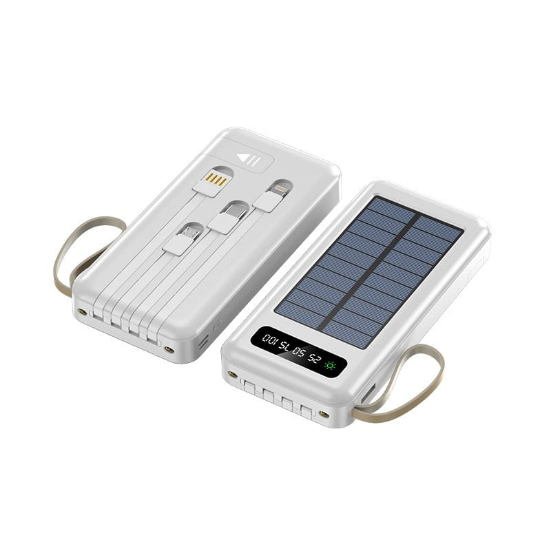 Banco de energía solar blanco de 20000 mAh con cargador portátil, múltiples puertos USB y una pantalla digital para una carga rápida.