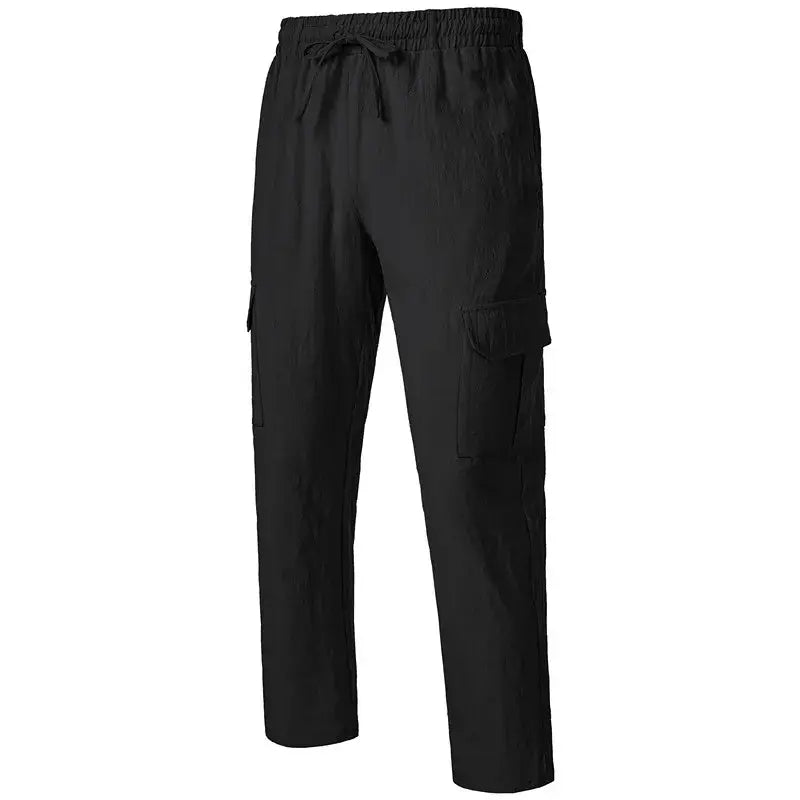 Pantalons décontractés noirs en lin pour hommes, amples, avec ceinture élastique, cordon de serrage et plusieurs poches latérales.
