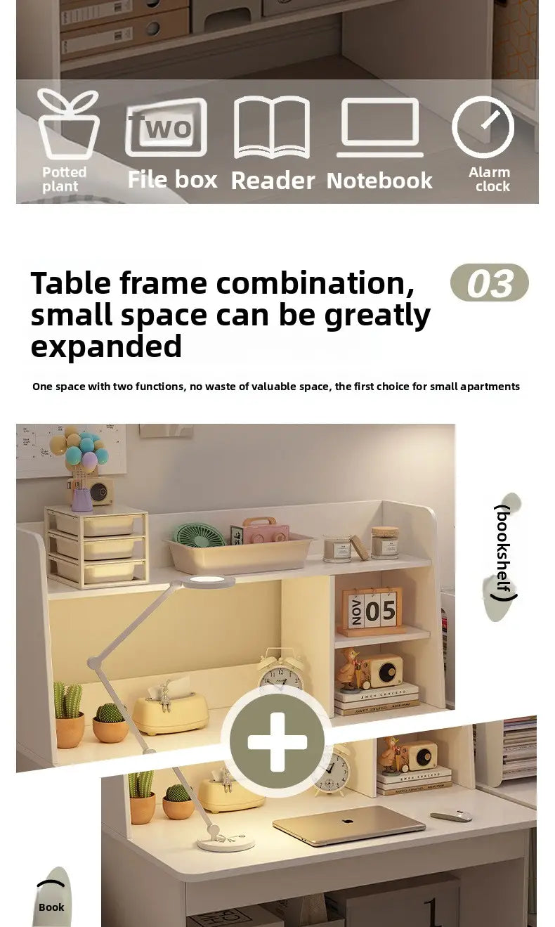 White wood modern student computer desk with integrated bookshelf, built-in lamp, and compact design for office or study spaces
