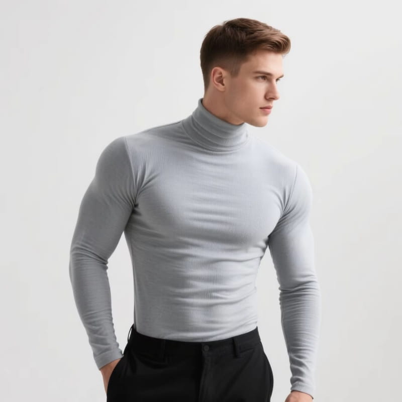 Ein elegantes hellgraues Herren-Thermo-Rollkragenpullover Slim Fit Langarmshirt aus wärmendem Material für kaltes Wetter.