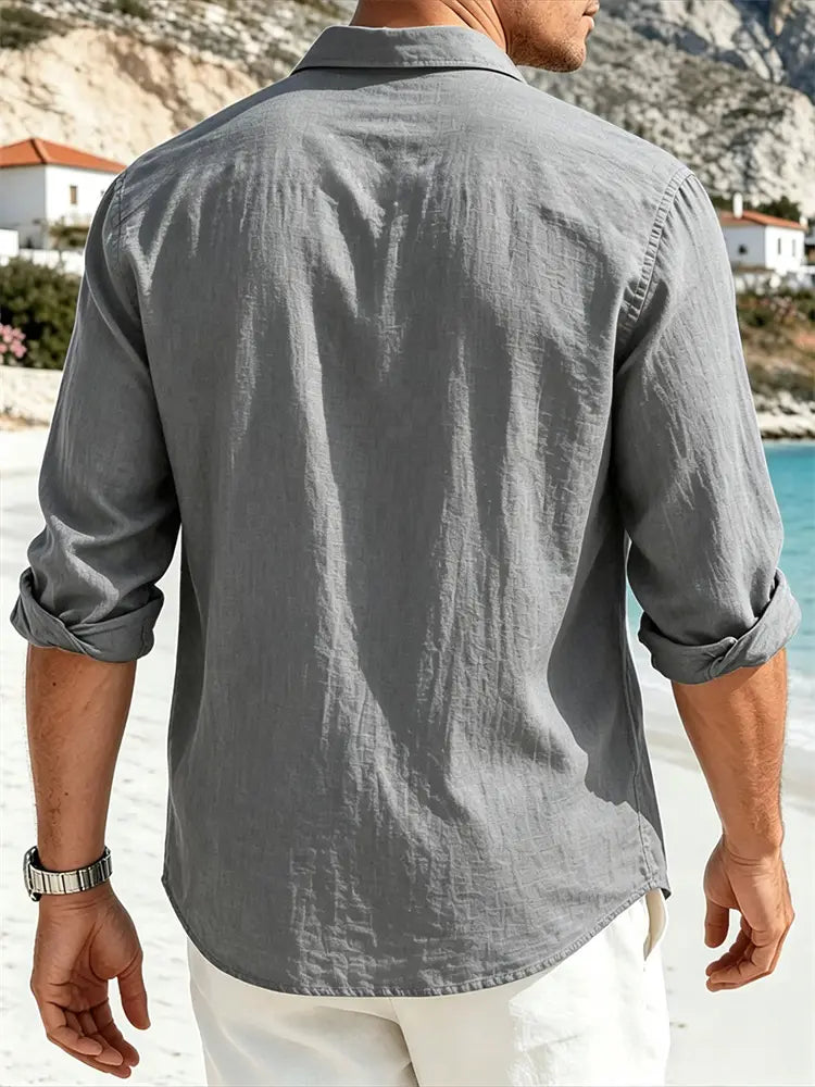 Chemise boutonnée grise pour homme en coton et lin à manches longues, avec manches retroussées, adaptée à un usage décontracté