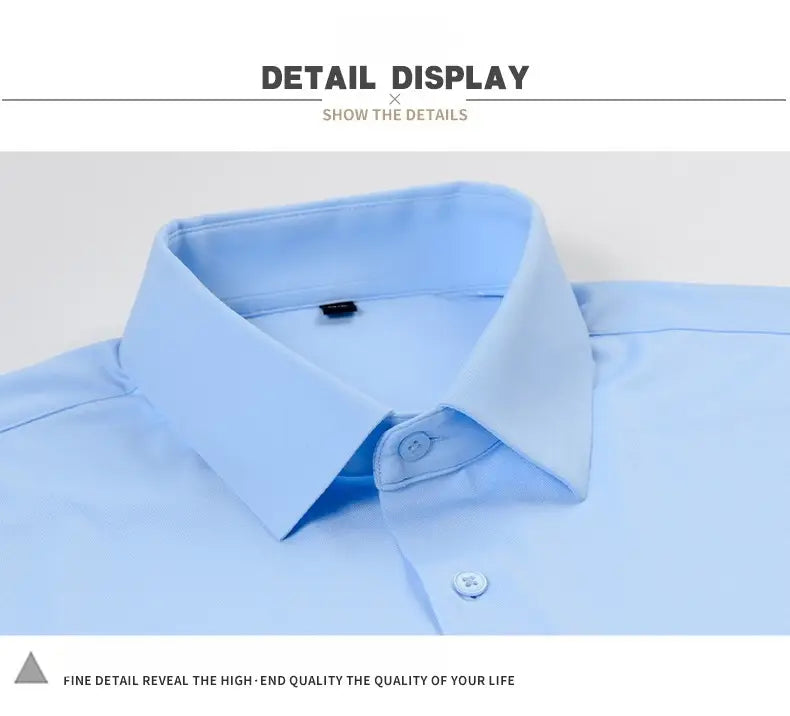 Men’s slim fit nylon formal dress shirt in light blue cotton featuring a crisp collar and matching buttons.